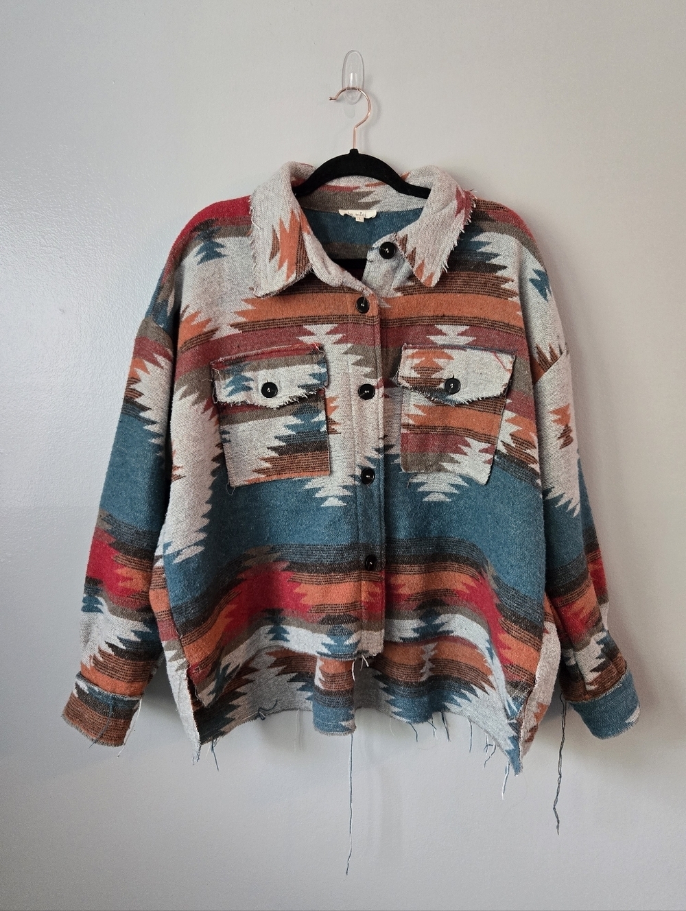 La Miel Aztec Southwestern Print Jacket Oversize Raw Hem Knit Size Large